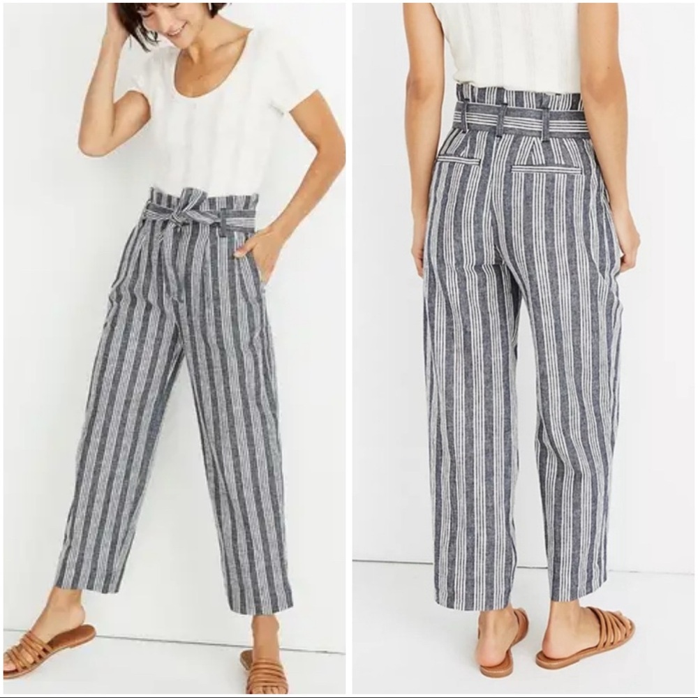 Madewell Paperbag Deep Indigo Striped Belted Linen Pants